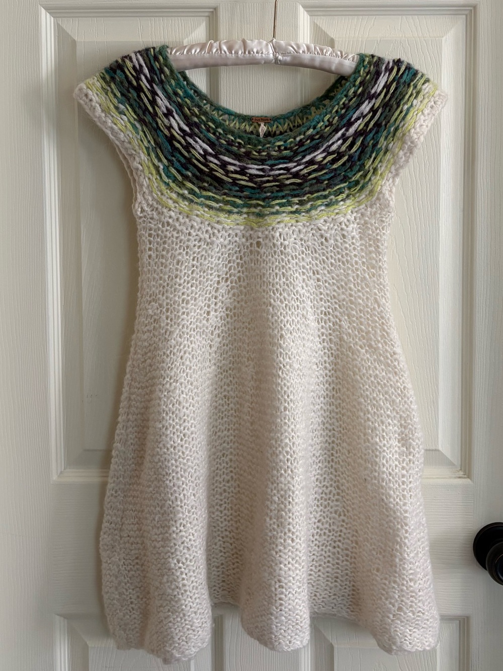 Free People Knit Cream Babydoll Mini Dress with Green Multicolor Yoke